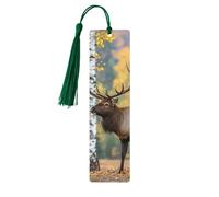 Fall Birch Leaves Elk Wooden Bookmarks 5pcs with Dark Green Tassels Handmade Double-Sided Printed Book Marks Page Markers Book Accessories Gift for Book Lovers Women Men