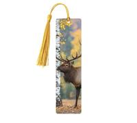 Fall Birch Leaves Elk Wooden Bookmarks 5pcs with Gold Tassels Handmade Double-Sided Printed Book Marks Page Markers Book Accessories Gift for Book Lovers Women Men