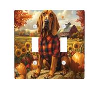 Fall Bloodhound Dog Decorative Light Switch Cover Plate 2 Gang Double Toggle, Autumn Farmhouse Pumpkin Electrical Faceplate for Kitchen Bathroom, Puppy Switchcover Decor