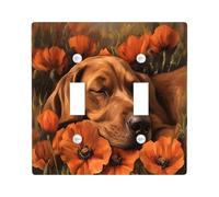 Fall Bloodhound Dog Decorative Light Switch Cover Plate 2 Gang Double Toggle, Funny Autumn Poppy Flowers Electrical Switchplate, Pet Faceplate for Kitchen Living Room Decor