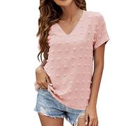 Fall Blouses Women's Casual V Neck Chiffon Short Sleeved Shirt Short Sleeved Top Ladies Blouses Interviews (Pink, M)