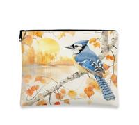 Fall Blue Jay Bird Makeup Bag, Autumn Birch Tree Leaf Cosmetic Travel Pouch for Women Girls, Portable Small Canvas Zipper Organizer, Country Toiletry Bag 7x9 Inch
