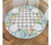 Fall Blue Pumpkin Pink Floral Grey Buffalo Plaid Round Tablecloth Farmhouse Table Cover with Elastic Edge Washable Fitted Table Cloth for Kitchen Patry Outdoor Decor Fits 45"-50", Medium