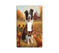 Fall Border Collie Dog Decorative Light Switch Cover Plate 1 Gang Single Toggle, Autumn Farmhouse Pumpkin Electrical Faceplate for Kitchen Bathroom, Puppy Switchcover Decor
