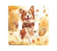 Fall Border Collie Dog Decorative Light Switch Cover Wall Plate 2 Gang Double Toggle, Fun Autumn Scenic Puppy Electrical Faceplate for Room, Maple Leaves Cute Pet Switchcover Switchplate