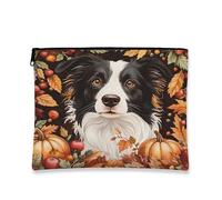 Fall Border Collie Dog Makeup Bag, Autumn Leaf Harvest Cosmetic Travel Pouch for Women, Portable Small Canvas Zipper Organizer, Puppy Toiletry Bag 7x9 Inch