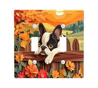Fall Boston Terrier Dog Decorative Light Switch Cover Plate 2 Gang Double Toggle, Autumn Country Fence Electrical Faceplate for Kitchen Bathroom, Pet Switchcover Decor