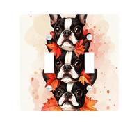 Fall Boston Terrier Dog Decorative Light Switch Cover Plate 2 Gang Double Toggle, Cute Autumn Maple Leaf Electrical Faceplate for Kitchen Bathroom, Puppy Switchcover Decor