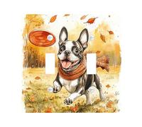 Fall Boston Terrier Dog Decorative Light Switch Cover Plate 2 Gang Double Toggle, Fun Autumn Scenic Puppy Electrical Switchplate, Maple Leaves Cute Pet Electrical Faceplate for Bedroom Room