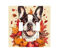 Fall Boston Terrier Dog Decorative Light Switch Cover Wall Plate 2 Gang Double Toggle, Autumn Cartoon Leaf Electrical Faceplate for Kitchen Bathroom, Pet Switchcover Decor