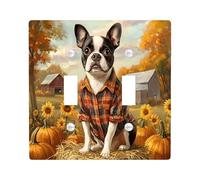 Fall Boston Terrier Dog Decorative Light Switch Cover Wall Plate 2 Gang Double Toggle, Autumn Farmhouse Pumpkin Electrical Faceplate for Kitchen Bathroom, Puppy Switchcover Decor