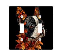 Fall Boston Terrier Dog Decorative Light Switch Cover Wall Plate 2 Gang Double Toggle, Autumn Leaf Art Electrical Faceplate for Kitchen Bathroom, Pet Switchcover Decor