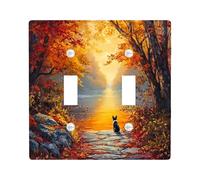 Fall Boston Terrier Dog Decorative Light Switch Cover Wall Plate 2 Gang Double Toggle, Autumn Nature Scene Electrical Faceplate for Kitchen Bathroom, Puppy Switchcover Decor