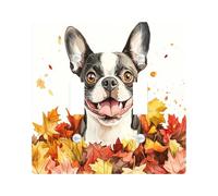 Fall Boston Terrier Dog Decorative Light Switch Cover Wall Plate 2 Gang Double Toggle, Fun Autumn Maple Leaves Puppy Electrical Faceplate for Room, Weird Cute Pet Switchcover Switchplate
