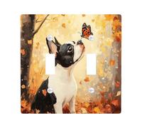 Fall Boston Terrier Dog Decorative Light Switch Cover Wall Plate 2 Gang Double Toggle, Funny Autumn Forest Electrical Faceplate for Kitchen Bathroom, Pet Switchcover Decor