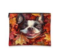 Fall Boston Terrier Dog Makeup Bag, Fun Autumn Maple Leaf Cosmetic Travel Pouch for Women, Gifts for Girls, Pet Portable Small Canvas Zipper Organizer 7x9 Inch