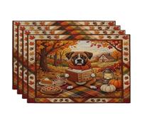 Fall Boxer Dog Placemats Set of 4, 12x18 Inch, Autumn Quilted Style Camping 4Pcs Soft Table Mats for Dinning, Country Pattern Holiday Home Kitchen Decor