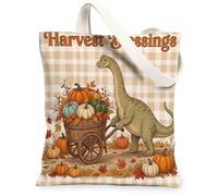 Fall Brachiosaurus Canvas Tote Bag for Shopping 13 * 15, Holiday Harvest Pumpkins Reusable Grocery Bag for Women, Dinosaur Work Travel Painting Gift Decor