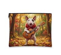 Fall Bull Terrier Dog Makeup Bag, Holiday Forest Guitar Cosmetic Travel Pouch for Women, Gifts for Girls, Autumn Portable Small Canvas Zipper Organizer 7x9 Inch