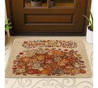 Fall Bunny Rabbit Front Black Door Mat Outside Inside Entrance 29 * 17, Autumn Cartoon Stacked Poultry Weird Outdoor Ultra Thin Doormat, Small Maple Leaf Print Shoes Off Door Rug for Patio