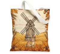 Fall Bunny Rabbits Canvas Tote Bag for Shopping 13 * 15, Holiday Vintage Windmill Reusable Grocery Shoulder Cloth Bag for Women, Autumn Painting Gift Decoration