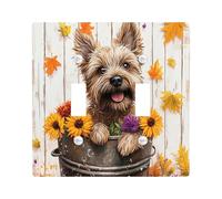 Fall Cairn Terrier Dog Decorative Light Switch Cover Wall Plate 2 Gang Double Toggle, Autumn Wood Flower Leaf Electrical Faceplate for Kitchen Bathroom, Puppy Switchcover Decor
