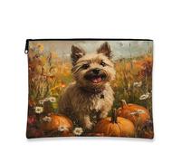 Fall Cairn Terrier Dog Makeup Bag 7x9 Inch for Travel Pouch, Country Autumn Pumpkin Toiletry Cosmetic Pouch for Women, Oil Painting Fields Portable Canvas Zipper Organizer