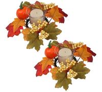 Fall Candle Rings, 2PCS 9.5" Maple Leaf Candle Rings Wreaths with Pumpkin Berries, Small Fall Wreath for Thanksgiving Halloween Table Centerpieces