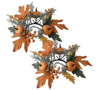 Fall Candle Rings, 2Pcs Pumpkin Maple Leaf Berry Candle Rings Wreaths 3 Inch Center Small Wreath for Farmhouse Table, Front Door, Indoor, Wreath