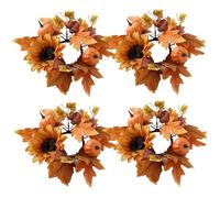 Fall Candle Rings 4Pcs 10in Artificial Candle Wreath with Maple Leaf, Pumpkin & Sunflower Silk Decorative Rings for Centerpieces, Halloween, Harvest, Thanksgiving Fall