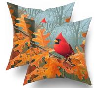 Fall Cardinal Throw Pillow Covers 18x18 Inch Set of 2 Red Bird Maple Leaves Decorative Pillowcase Autumn Foreset Landscape Seasonal Cushion Cover for Home Bedroom Sofa Chair Decor