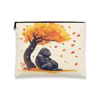 Fall Cartoon Chimpanzee Makeup Bag, Cute Autumn Tree Leaf Cosmetic Travel Pouch for Women, Gifts for Girls, Gorilla Portable Small Canvas Zipper Organizer 7x9 Inch