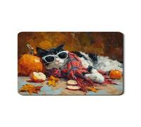 Fall Cat Dish Drying Mats For Kitchen, Cozy Pumpkin and Fruits Absorbent Rubber Dish Mat, Rustic Autumn PU Leather Drying Pad For Coffee Bar 12x20 Inch