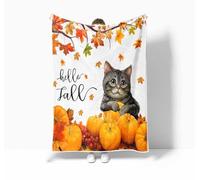 Fall Cat Throw Blankets, Autumn Pumpkin Hanksgiving Harve Flannel Warm Soft Cozy Fluffy Bed Couch Blanket, Cute Animal White Fleece Throws to Decorate The Room and Bedroom 50X60