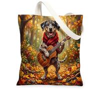 Fall Catahoulas Leopard Dog Canvas Tote Bag for Shopping 13 * 15, Holiday Forest Guitar Reusable Fashion Grocery Bag for Women, Autumn Work Travel Gift Decor