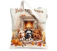 Fall Cavalier King Charles Spaniel Canvas Tote Bag for Shopping 13 * 15, Cute Holiday Fireplace Reusable Grocery Shoulder Cloth Bag for Women, Dog Painting Gift Decoration