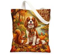 Fall Cavalier King Charles Spaniel Canvas Tote Bag for Shopping 13 * 15, Holiday Funny Forest Reusable Grocery Shoulder Cloth Bag for Women, Dog Painting Gift Decoration