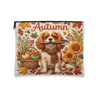 Fall Cavalier King Charles Spaniel Makeup Bag, Holiday Harvest Plant Cosmetic Travel Pouch for Women Girls, Portable Small Canvas Zipper Organizer, Dog Toiletry Bag 7x9 Inch