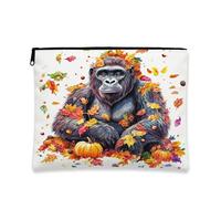 Fall Chimpanzee Fun Makeup Bag, Funny Autumn Maple Leaf Cosmetic Travel Pouch for Women, Gifts for Girls, Gorilla Portable Small Canvas Zipper Organizer 7x9 Inch