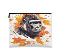 Fall Chimpanzee Makeup Bag, Abstract Autumn Maple Leaf Cosmetic Travel Pouch for Women Girls, Portable Small Canvas Zipper Organizer, Gorilla Toiletry Bag 7x9 Inch