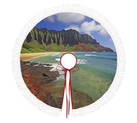 Fall Christmas Tree Skirts with Tassel, Kauai Hawaii Seashore Printed Xmas Halloween Tree Skirt for Holiday Party Farmhouse Home Decor Ornaments