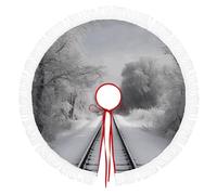 Fall Christmas Tree Skirts with Tassel, Snowy Train Tracks Printed Xmas Halloween Tree Skirt for Holiday Party Farmhouse Home Decor Ornaments