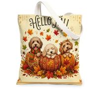 Fall Cockapoo Dog Canvas Tote Bag for Shopping 13 * 15, Autumn Country Knitting Pumpkin Reusable Grocery Bag for Women, Farm Beach Aesthetic Painting Gift Decor