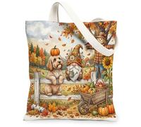 Fall Cockapoo Dog Canvas Tote Bag for Shopping 13x15, Autumn Gnome Farmhouse Harvest Reusable Grocery Print Pattern Bag for Women, Scarecrow Aesthetic Painting Gift Decor