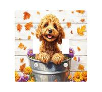 Fall Cockapoo Dog Decorative Light Switch Cover Wall Plate 2 Gang Double Toggle, Autumn Wood Flower Leaf Electrical Faceplate for Kitchen Bathroom, Puppy Switchcover Decor