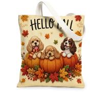 Fall Cocker Spaniel Dog Canvas Tote Bag for Shopping 13 * 15, Autumn Country Knitting Pumpkin Reusable Grocery Bag for Women, Farm Beach Aesthetic Painting Gift Decor