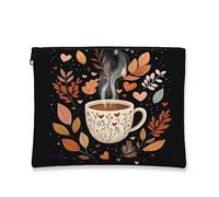 Fall Coffee Maple Leaf Makeup Bag 7''x9'' for Travel Pouch, Abstract Autumn Chocolate Drink Print Cosmetic Pouch for Women Gift, Retro Portable Canvas Zipper Organizer