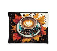 Fall Coffee Maple Leaf Makeup Bag 7''x9'' for Travel Purse, Abstract Autumn Chocolate Drink Pattern Cosmetic Pouch for Women Gift, Retro Portable Canvas Zipper Organizer