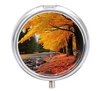 Fall Colors Round Pill Box 3 Compartment Medicine Pill Organizer with Mirror Travel Small Pill Case Cute Vitamin Organizer Portable Daily Pill Container for Pocket Purse