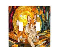 Fall Corgi Dog Decorative Light Switch Cover Plate 2 Gang Double Toggle, Autumn Stained Glass Electrical Faceplate for Kitchen Bathroom, Pet Switchcover Decor